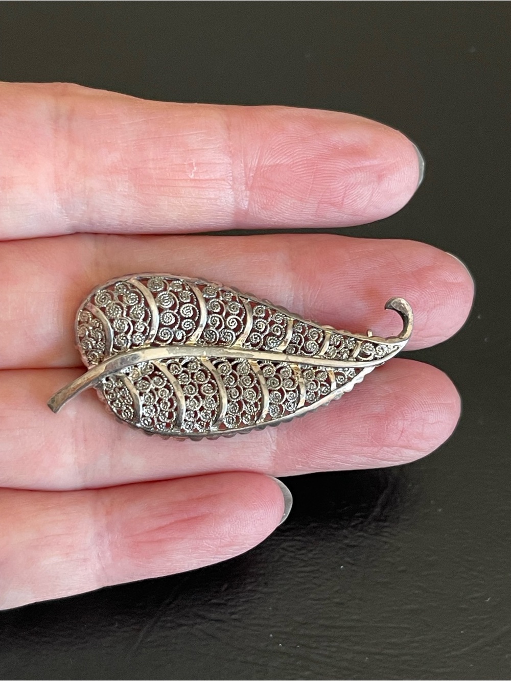 Vintage Germany sterling Silver Leaf Filigree Brooch.